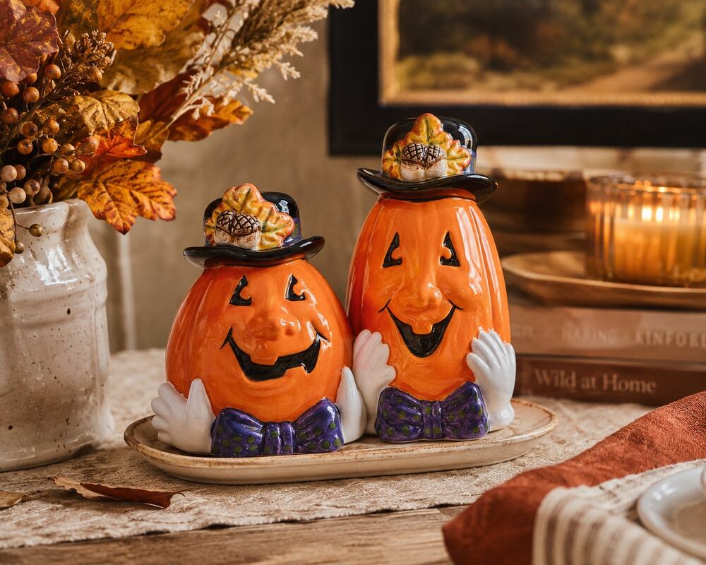 Vintage 2000 Fitz & Floyd Derby Pumpkins Salt & Pepper Shakers with Box
